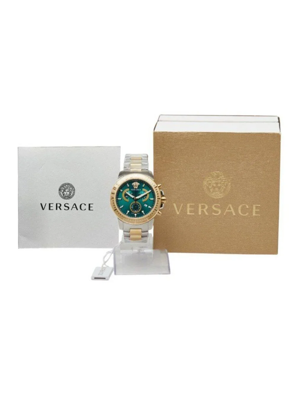 Versace New Chrono Watch Green Silver Gold Stainless Steel